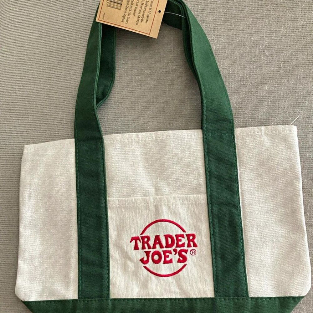 Trader Joe's Mini Canvas Tote Bag Green/White/Red Logo 13x11x6 in Reusable